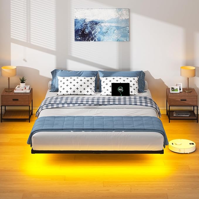 HAVONIZD Queen Floating Bed Frame with LED Lights and Charging Station - 10 inch Platform Bed Frame No Box Spring Needed, Easy Assembly