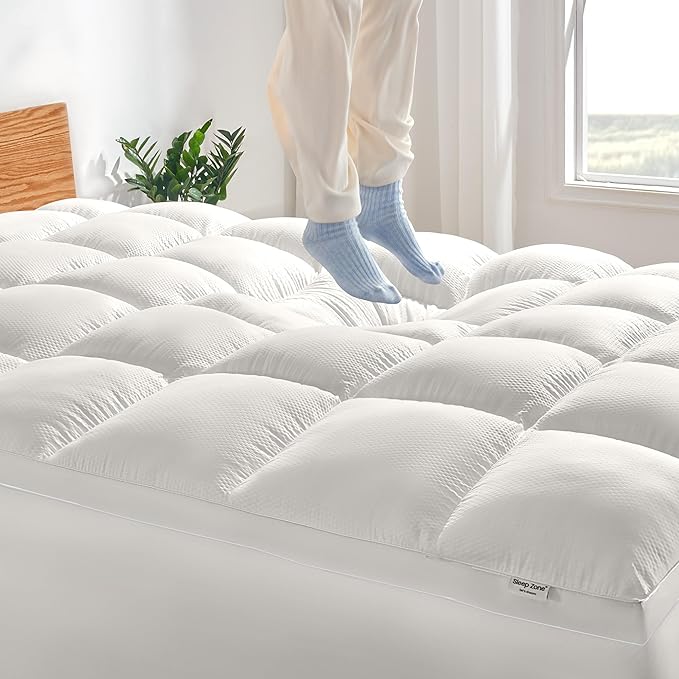 SLEEP ZONE Mattress Topper King Size, Extra Thick Fitted Mattress Pad for Back Pain, Plush and Support Mattress Cover, Deep Pockets Mattress Protector, Hotel Quality (White, King)