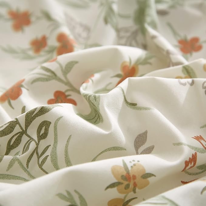 mixinni White Duvet Cover Set with Green Leaves Twin Size 100% Cotton Flower Printed Bedding Set 1 Duvet Cover 2 Pillowcases for Teen Girls, Ultra Soft, Breathable, Comfortable(3pcs, Twin Size)