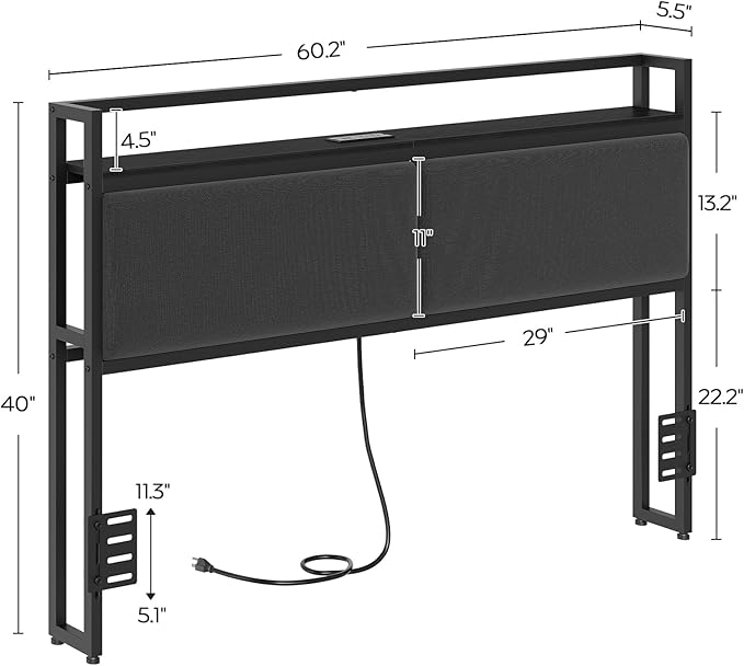 YATINEY Queen Size Headboard with Storage Shelves, Upholstered Headboard with Charging Station, Height Adjustable, Sturdy and Stable, Vintage Style, Black