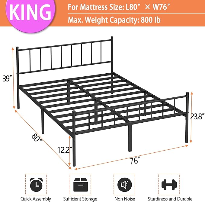 DIIYIV King Bed Frame-Classic Metal Platform Bed Frame,Mattress Foundation with Steel Slat Support,Under Foundation Storage,No Box Spring Needed, Easy Assembly, King Size
