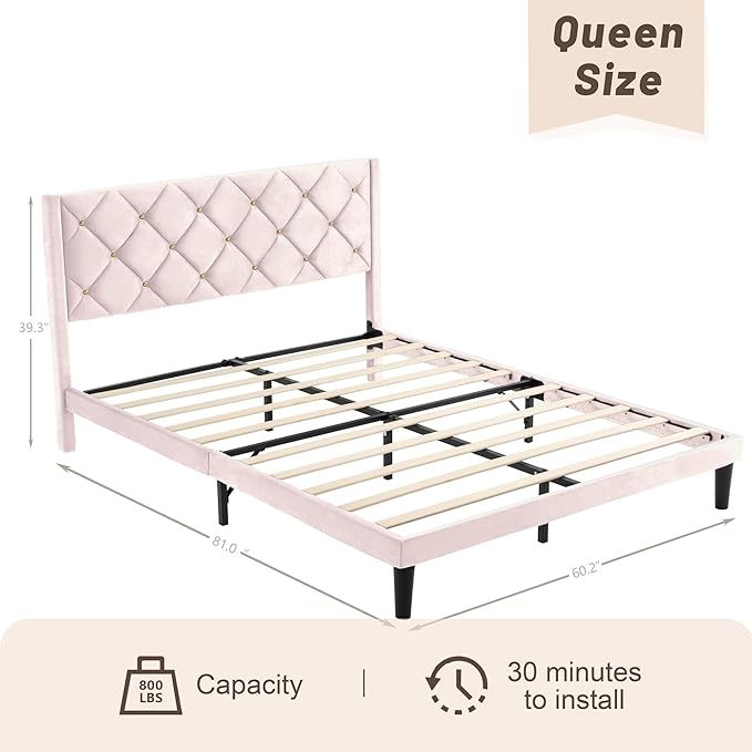Queen Bed Frame with Headboard, Bed Frame Queen Size with Sturdy Wooden Slats Support, Platform Frame with Velvet Upholstered Headboard, Mattress Foundation, Easy Assembly, No Box Spring Needed Pink