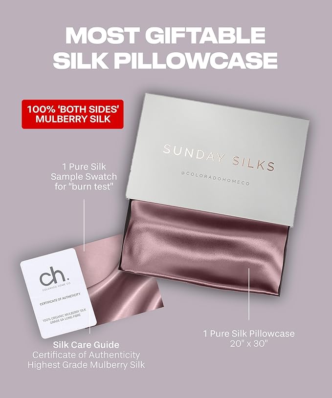 Colorado Home Co Mulberry Silk Pillowcase, Deep Mauve, Queen Size, 22 Momme, 100% Natural Silk, Anti-Aging, Anti-Acne, Dual Sided, 20" x 30"