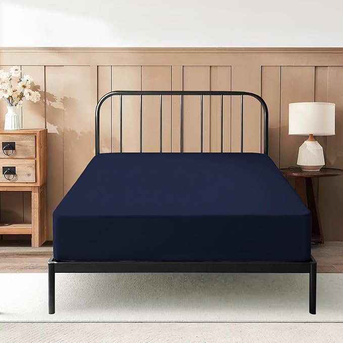 Queen Fitted Sheet 60 x 80 Inches 6" Deep Pocket 100% Egyptian Cotton 600 Thread Count Snug Fit for Trifold Mattress, Narrow Twin, Camp Bunk, Guest Bed, Army Cot Soft & Breathable – Navy Blue