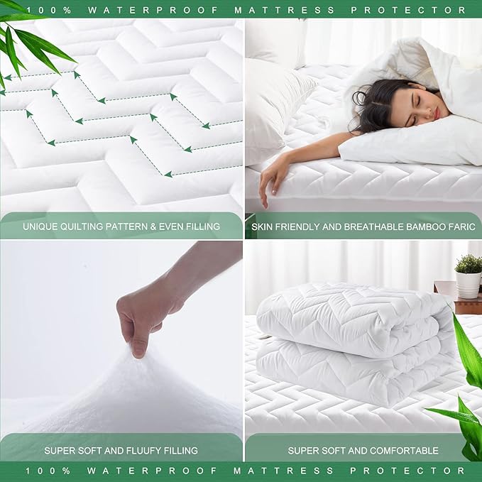 Unilibra King Size Waterproof Mattress Pad Rayon Made from Bamboo, Quilted Breathable Mattress Protector, 6''-25'' Deep Pocket Fitted Mattress Cover White