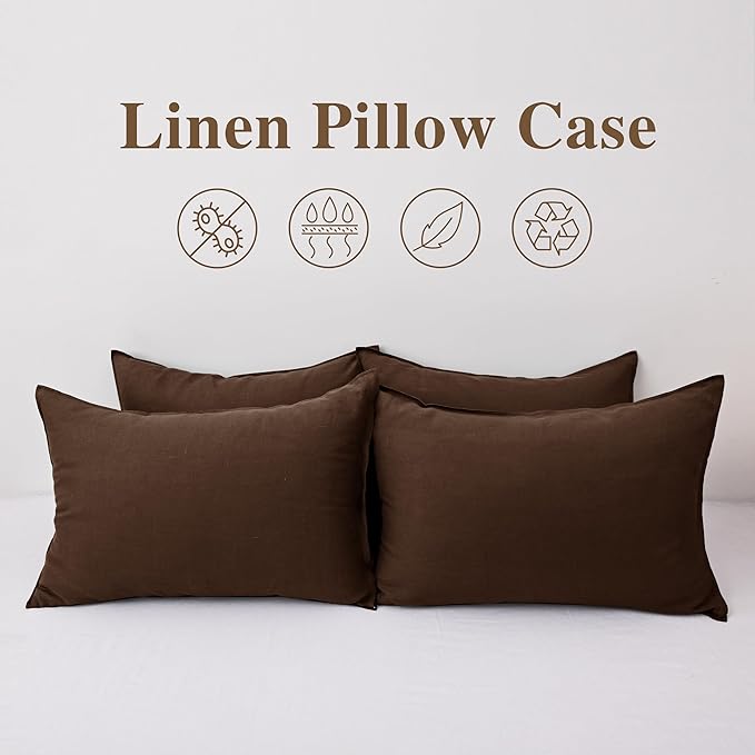CHUFFED 100% French Linen Pillow Cases Standrad Size Set of 2, Stone Washed Flax Pillow Shams with Zipper Closure - Breathable & Cooling for Hot Sleepers,20x26 Inches,Cocoa