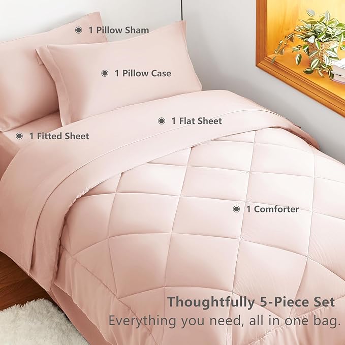 CozyLux Twin XL Comforter Set Blush Pink - 5 Pieces Twin Extra Long Bed in a Bag for College Dorm, All Season Bedding Set for Girls and Boys, Soft Bed Set with Comforter, Sheets, Pillowcase & Sham