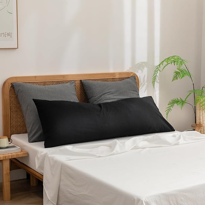 BESTOUCH 100% Washed Cotton Pillowcase for Hair and Skin Linen Feel Soft Comfortable Breathable 1 Pcs Pillow Case with Envelope Closure Solid Deep Dark Black Body 20x54 Inches