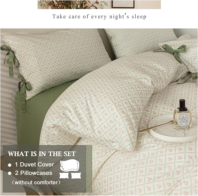 VM VOUGEMARKET King Duvet Cover with Green Plaid,Vintage Red Flower Duvet Cover King Size Girls Garden Style Bedding Set with Zipper Closure & 2 Pillow Cases