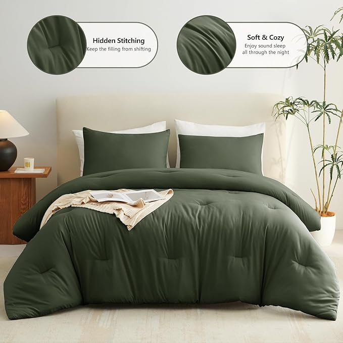 CozyLux Queen Comforter Set Dark Green, 3 Pieces Solid Comforters Queen Size Breathable Bedding Sets, Luxury Soft Lightweight Bed Set with Down Alternative Comforter and 2 Pillowcases for All Seasons