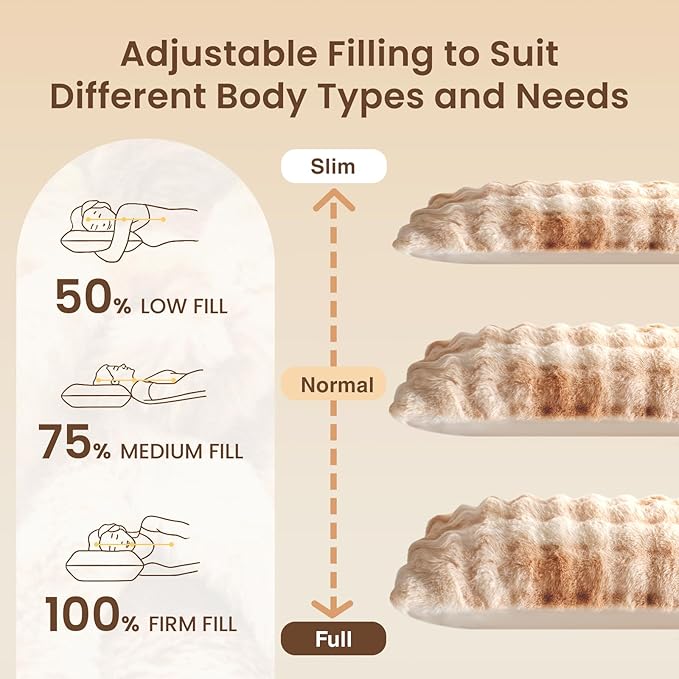 ZonLi Fluffy Body Pillow for Adults, Fuzzy Faux Fur Body Pillow with Shredded Memory Foam, Adjustable Support for Side Sleepers, Pregnancy & Decor, Gifts, 20 x 54 Inch, Light Tan