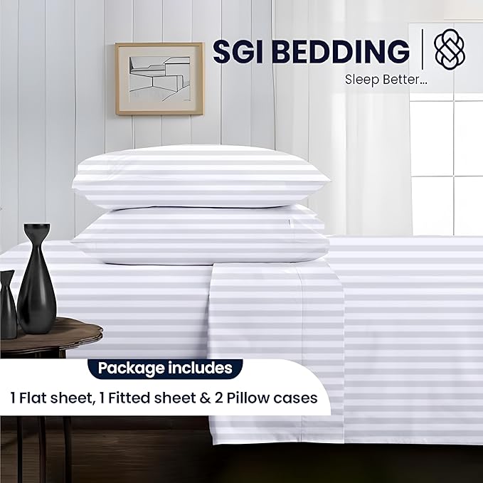 SGI bedding 100% Egyptian Cotton Sheets Twin Size – 600 Thread Count Sheets Set, Soft, Cooling, 15" Deep Pocket, Luxury Hotel Bedding, Breathable, Durable - White Stripe