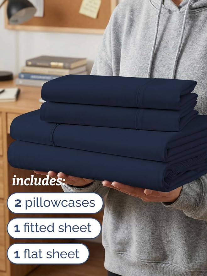 Twin XL 4 Piece Sheet Set - Comfy Breathable & Cooling - Hotel Luxury Bedding for Women, Men, Kids, Teens & Children - 1 Flat & 1 Fitted Sheet & 2 Pillowcases w/ Deep Pockets, Wrinkle Free - Navy Blue