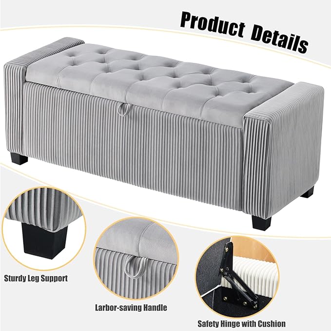 Storage Ottoman Bench, Bench for Bedroom End of Bed, Ottoman with Storage for Living Room and Entryway (Velvet Light Grey)