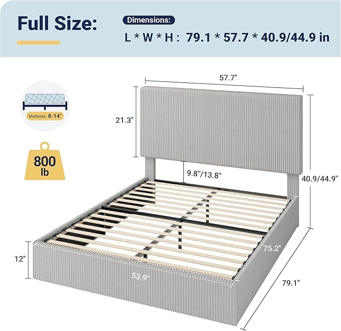 Allewie Full Bed Frame, Upholstered Platform Bed, Adjustable Vertical Channel Tufted Headboard, Corduroy Fabric, Modern Low Profile, Wooden Slats, No Box Spring Needed, Easy Assembly, Light Grey