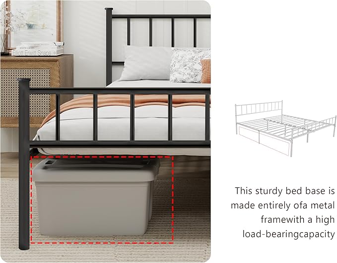 Metal Platform Full Bed Frame with Headboard Sturdy Steel Slats Support No Box Spring Needed Easy Assembly Black