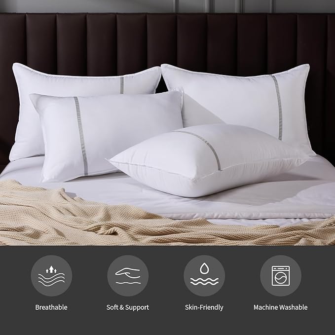 Bed Pillows Queen Size Set of 4, Medium Firm Hotel Pillows for Sleeping, Cooling Pillows for Side & Back Sleepers, Down Alternative Filling, 20 x 28 Inches