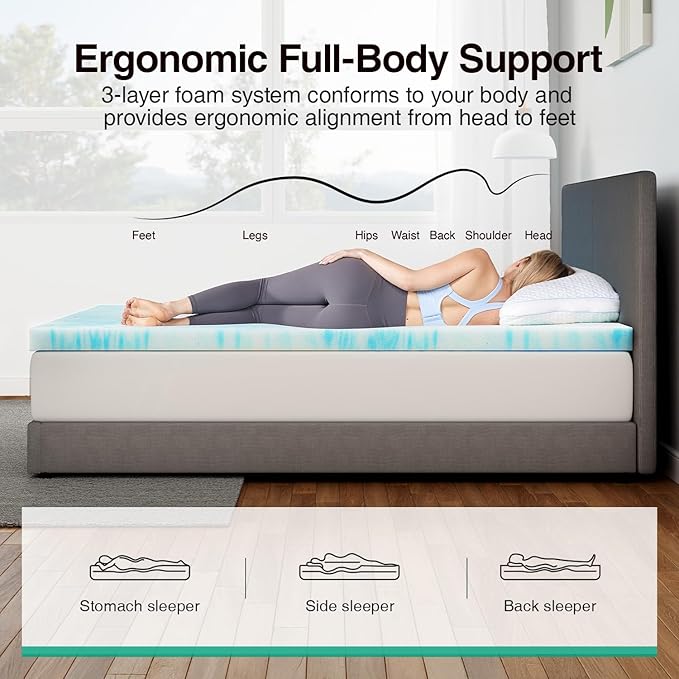 Novilla Twin Memory Foam Mattress Topper 2 Inch, Cooling Gel Infused, Ventilated Pressure Relief Pad, Soft Comfort for Sofa, RV, Camper, Dorm Room