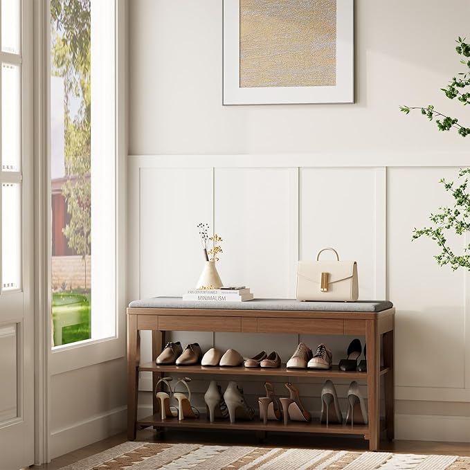 Shoe Bench with Storage, Wooden Shoe Storage Bench with Cushion&Hidden Drawer, 2-Tier Shoe Rack Bench for Entryway, Mudroom, Hallway