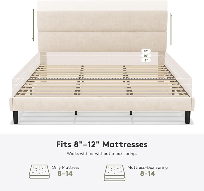GRUSIGN King Size Platform Bed Frame with Velvet Headboard, Adjustable Height Wooden Slats Support, Upholstered Mattress Foundation, Fits Mattress or Mattress with Box Spring, Easy Assembly, Beige