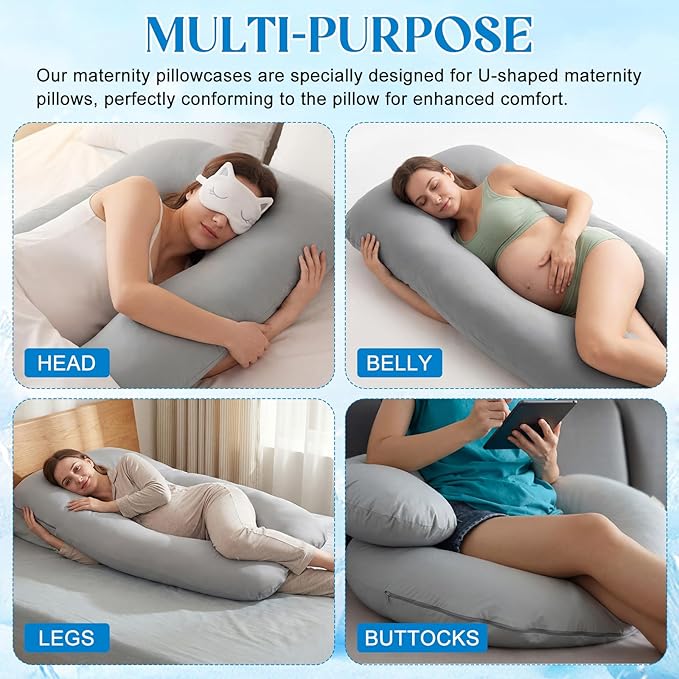 Hahafelt Cooling Pregnancy Pillow Cover (Only Pillowcase) 57 Inch Large U Shaped Full Body Pillowcase Maternity Stretchy Soft Breathable Cool Pillow Cover with Zipper for Side Sleeper (Gray)
