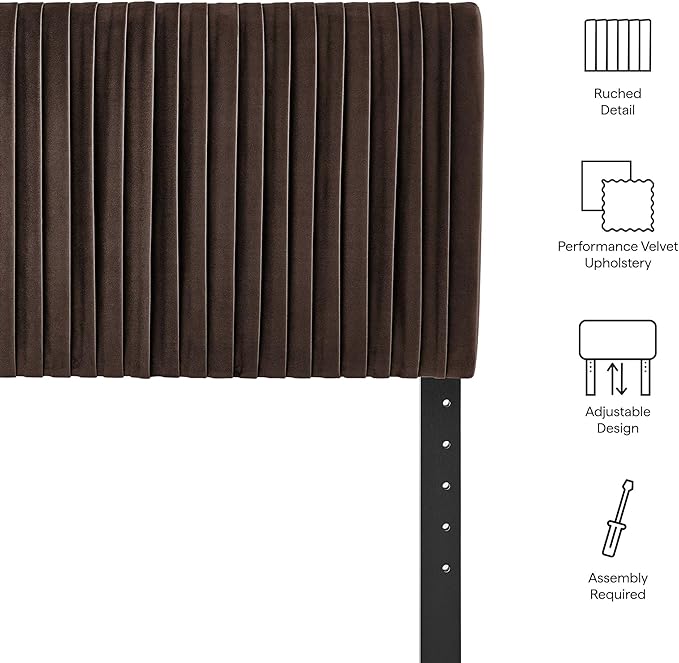 Modway Eloise Twin Velvet Headboard with Ruched Details in Chocolate Brown - Modern Bed Headboard Only with Stain-Resistant Performance Upholstery, Height-Adjustable Mount
