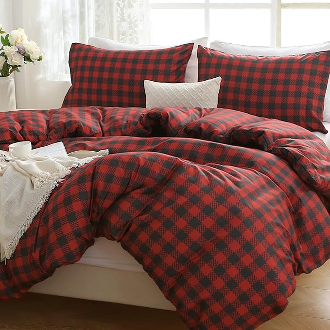 MUXHOMO Duvet Cover Queen Size Floral Duvet Cover Set with Zipper Closure, Red Plaid Bedding Set, 3 Pieces, 1 Duvet Cover 90"x90" with 4 Corner Ties and 2 Pillowcases 20"x30"