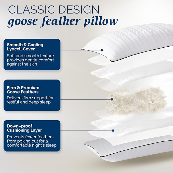 downluxe Goose Feather and Down Pillows - Hotel Collection Feather Pillows for Back, Stomach or Side Sleepers, Bed Pillows Queen Size Set of 2 (20"x28")