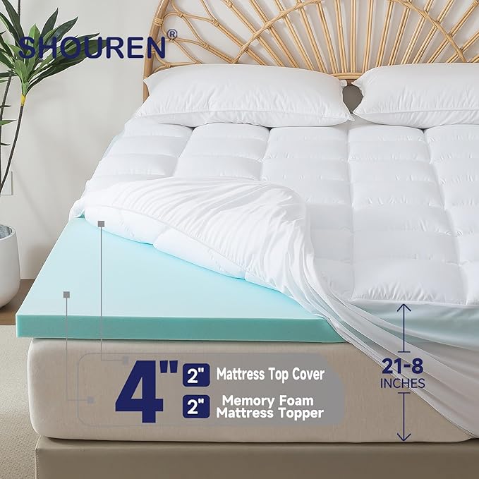 Memory Foam Mattress Topper 2inch+2inch Queen Size, Pressure-Relieving Bed Topper with Secure Strap Design for Back Pain, Soft and Supportive, Shredded Memory Foam