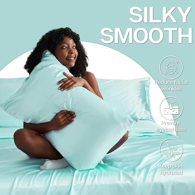 MR&HM Satin Pillowcase for Hair and Skin, Silk Satin Pillowcase 2 Pack, Queen Size Pillow Cases Set of 2, Silky Pillow Cover with Envelope Closure (20x30, Turquoise)