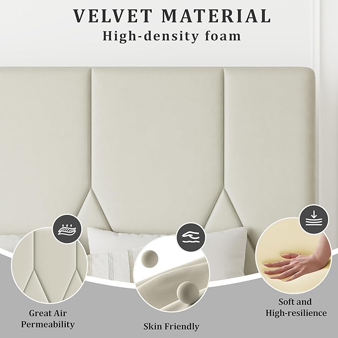 Queen Bed Frame, Padded Platform Bed Frame with Velvet Headboard, Vertical Quilted Design, Sturdy Slatted Mattress Base, No Spring Mattress Required, Easy to Assemble, Beige