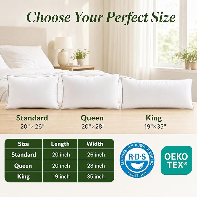 Goose Down Pillows, Standard Size Set of 2 with 3-Layer Design, Hotel Down Bed Pillow for Side, Back, and Stomach Sleepers, Soft 600 Thread Count Cotton Cover–Luxury Hotel Pillows Quality(20" x 26")