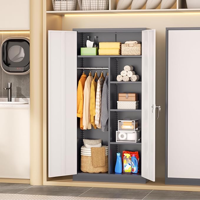 INTERGREAT Metal Storage Cabinet,72 Tall Armoire Wardrobe Closet with Doors,Grey White Storage Locker Cabinets with Adjustable Shelves and Removable Hanging Rods