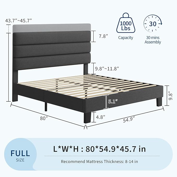 IDEALHOUSE Full Size Bed Frame with Adjustable Headboard, Fabric Upholstered and Wooden Slats Support, Heavy Duty Mattress Foundation, Platform Bed Frame No Box Spring Needed, Easy Assembly, Grey