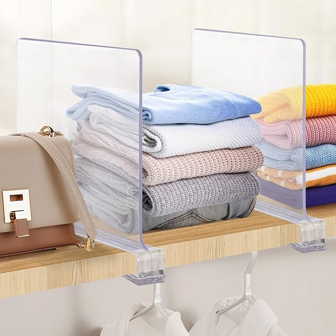 JOY DECOR 2 Pack Acrylic Clear Shelf Dividers for Closets Organizer and Storage Adjustable Vertical Wood Shelf Closet Separators for Clothes,Book,Bags in Bedroom and Kitchen