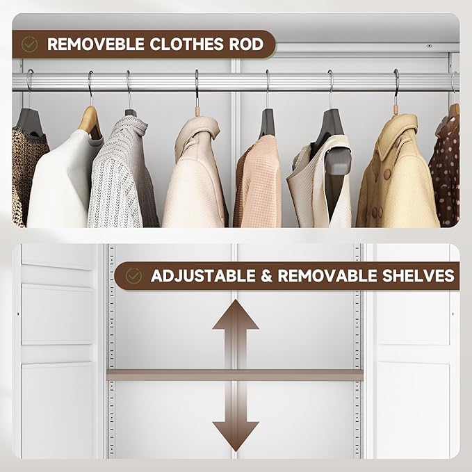 Letaya 71" Metal Wardrobe Cabinets with 2 Drawers,Steel Armoire Wardrobe Closet with Doors and Shelves,Clothing Storage Cabinets with Hanging Rod for Bedroom, Gym, Cloak Room,White