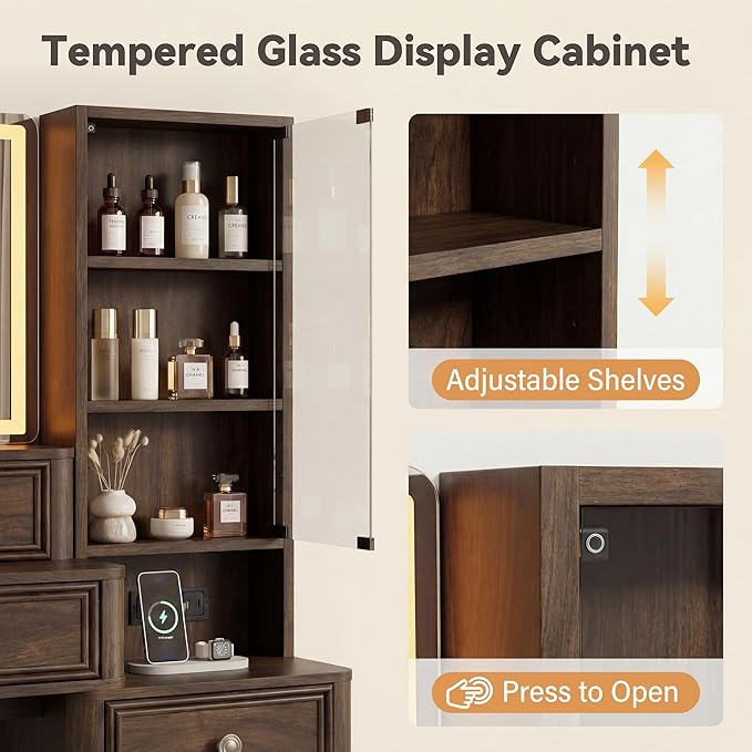 Furmax 48" Makeup Vanity Desk with Large Mirror and Lights,Big Wood Vanity Table with 5 Drawers＆Glass Storage Cabinet with Adjustable Shelves,Dressing Table with Charging Station for Bedroom (Walnut)