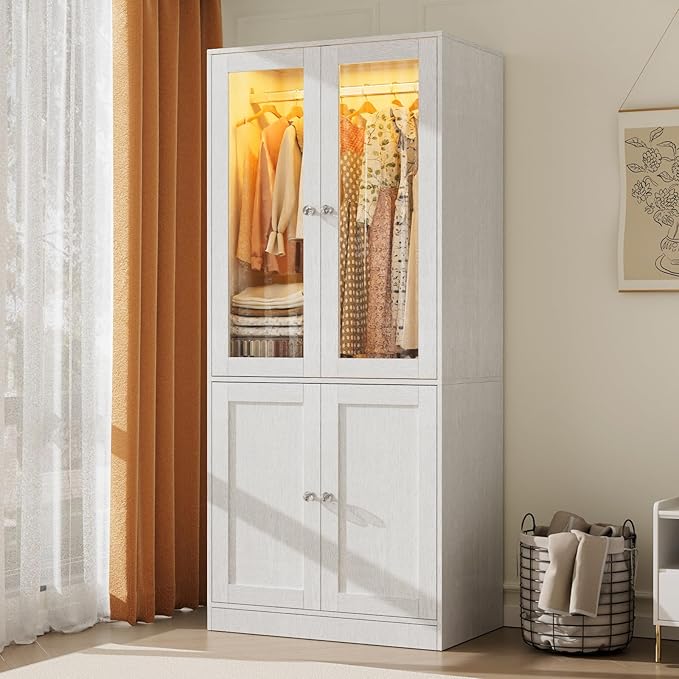 VOWNER 75" Tall Armoire Wardrobe Closet with Drawers & Lights, Clothing Storage Cabinet with 2 Glass Doors & Hanging Rod, Wooden Armoire Storage Cabinet for Bedroom (White Oak, 2 Doors)