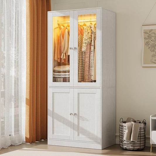 VOWNER 75" Tall Armoire Wardrobe Closet with Drawers & Lights, Clothing Storage Cabinet with 2 Glass Doors & Hanging Rod, Wooden Armoire Storage Cabinet for Bedroom (White Oak, 2 Doors)