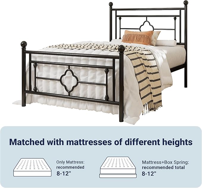 Allewie Twin Size Metal Platform Bed Frame with Victorian Vintage Headboard and Footboard/Mattress Foundation/Under Bed Storage/No Box Spring Needed/Noise-Free/Easy Assembly, Black