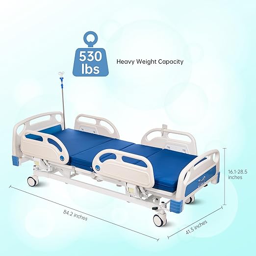 Real Relax 5 Function Full Electric Hospital Bed, ICU Electric Medical Bed with 4 inch Foam Mattress & IV Pole and Central Locking System with 5” Casters for Home Hospital Use, 530LBS Loading.