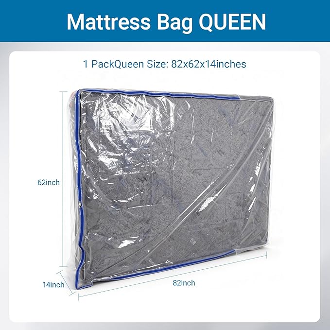 Plastic Mattress Bag for Moving (Queen), 3 Mil Extra Thick Mattress Cover Protector with Zipper, Clear Mattress Storage Bag for Bed, Waterproof & Reuseable Mattress Moving Supplies