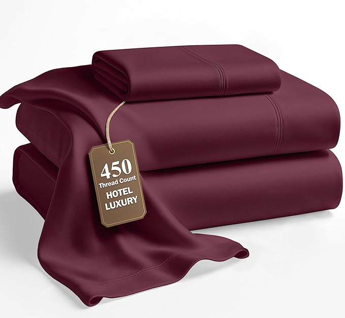 LANE LINEN Twin XL Sheet Set - 450 Thread Count Premium Sateen Weave for Silky Feel On Skin - Cozy Sheets for Deep Sleep - Securely Fits Mattresses Upto 15'' Deep - Oeko Tex Certified - Windsor Wine