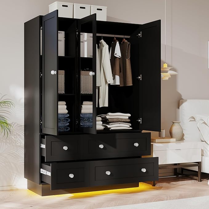 VOWNER Wardrobe Closet with 3 Doors, Bedroom Armoire with Mirror, LED Light, 4 Drawers and Hanging Rod, Large Capacity Storage Closet for Bedroom, Black 47" L
