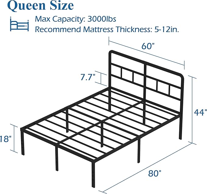 DiaOutro 18 Inch Queen Bed Frame with Headboard No Box Spring Needed, Heavy Duty Metal Queen Size Platform with Steel Slat, Mattress Foundation, Easy Assembly, Noise Free, Black