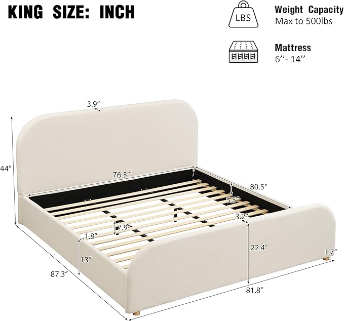 Christopher Knight Home Lanet Linen Upholstered King Size Bed Frame with Headboard, Modern King Bed Frame and Headboard, Wooden Slats Support, Easy Assembly, No Box Spring Needed, Beige