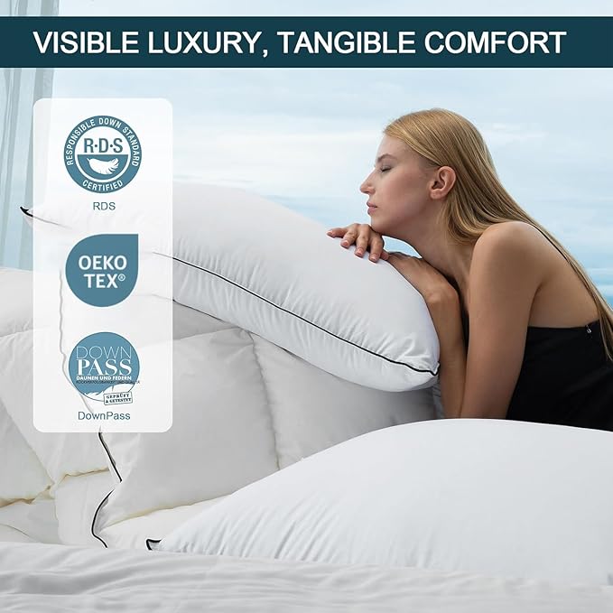 Down Pillows Breathable Cotton Shell Cover,Luxury Hotel Collection Bed Pillows for Sleeping,Fluffy Soft Medium Firm Down Fiber Pillows (Modern, Pure White/All Season, Standard (Pack of 2))