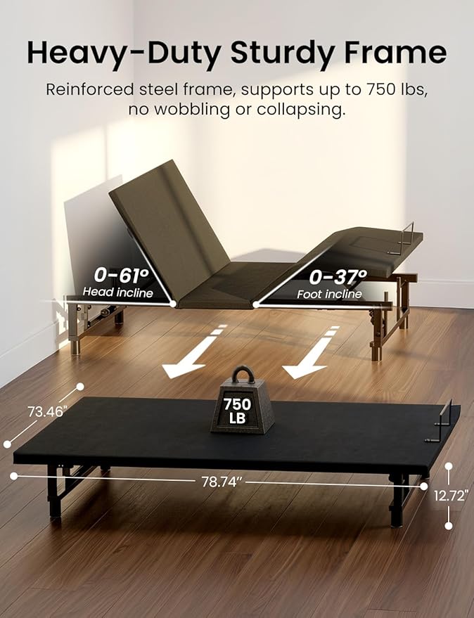 King Size Adjustable Bed Frame with Wireless Remote, Zero Gravity & Head & Foot Incline, Heavy-Duty Steel Frame, Whisper-Quiet Motor, Easy Installation (79" L x 74" W x 12.72" H), Black