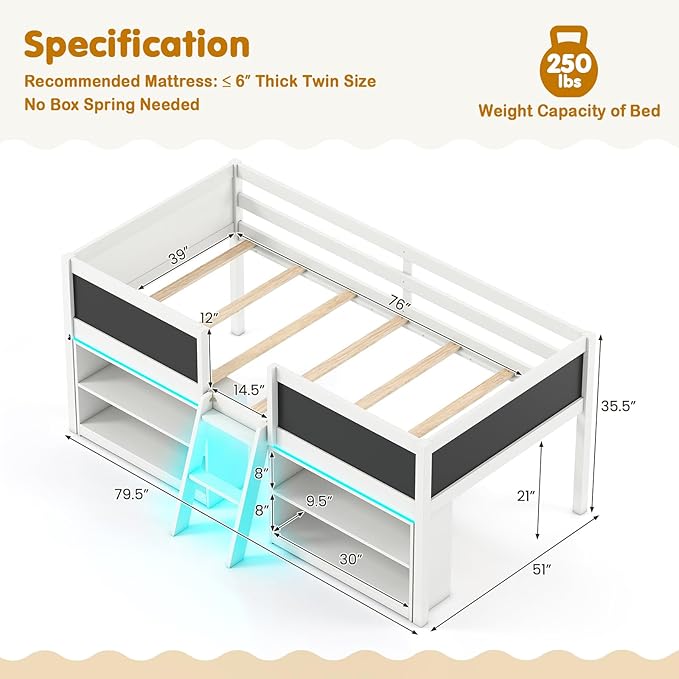 Giantex Low Loft Bed with LED Lights, Wooden Twin Size Loft Bed with Ladder & Blackboard, Twin Bed Frames for Kids with Storage 2 Bookcases and Play Space, White