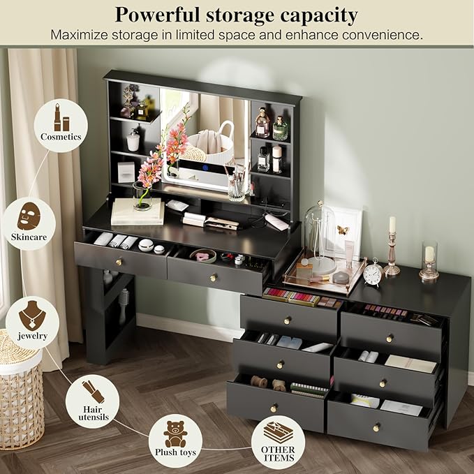 Ieejdn Makeup Vanity Desk with Mirror and Lights, Vanity Desk with 8 Drawers & Storage Shelves, Vanity Table with Power Outlet, 3 Color Modes & Adjustable Brightness Dressing Table, Bedroom,Black